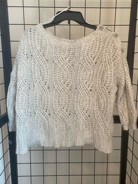 Ann Taylor Cream Cable-Knit Boatneck Sweater with Shoulder Buttons